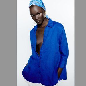 *NWT* Zara Linen Collection Oversized Shirt Blue Women's Medium
